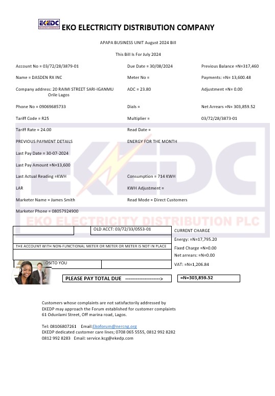 Nigeria Eko Electricity Distribution Company (EKEDC) business utility bill template in Word and PDF formats